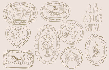 Vintage line sardines, lobster on plate, fruit bowl collection set in retro cartoon vector illustration style for summer party fashion design