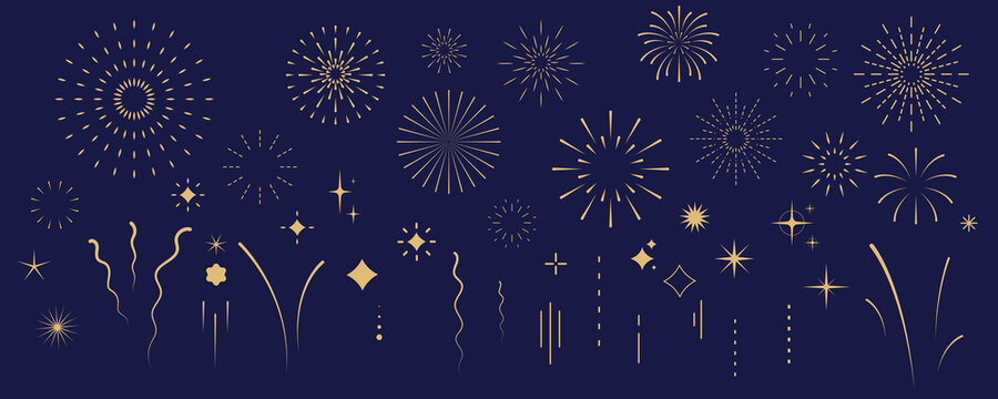 set of firework and star icon for party celebration happy new year