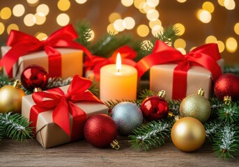 Warm christmas scene with gifts, candle, and sparkling ornaments