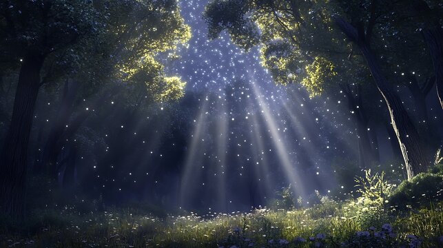 enchanting forest at night, featuring magical light rays illuminating a serene landscape filled with glowing particles and illuminated ground flora