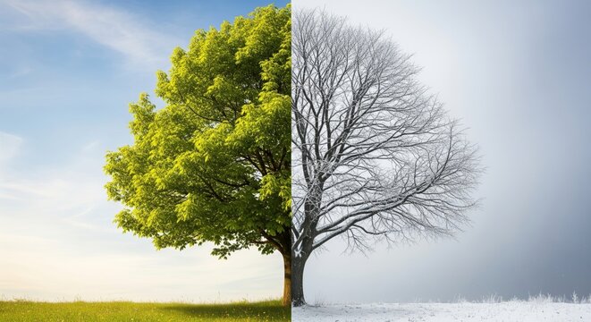 Row of trees where one side is vibrant with summer leaves and the other side is transitioning to autumn bare branches or snow. - Powered by Adobe