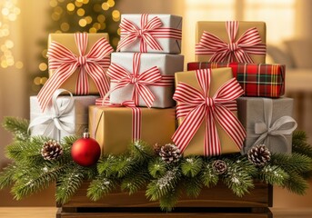 Holiday gifts stack with festive decor, pine, and bokeh