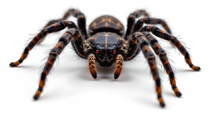 Obraz premium A close up of a large, venomous brown recluse spider with orange markings at its ends. The spider is positioned in the center and appears to be facing towards the right side of the photo