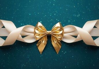 Golden bow and champagne ribbon on a festive teal background