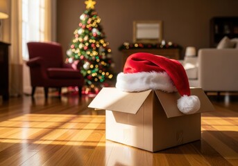 Santa hat on open cardboard box with festive christmas tree