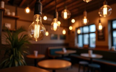 Café interior with vintage bulbs hanging and rustic dark ambiance in cozy social gathering space. High quality