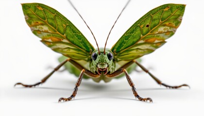 A close up photograph of an insect with intricate green and brown patterns on its wings and body, resting in profile on a white background.