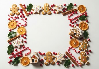 Festive frame of gingerbread, candy, holly, and spices
