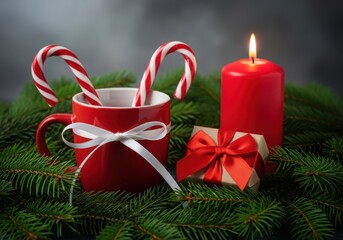 Festive christmas mug, candy canes, candle, gift on fir