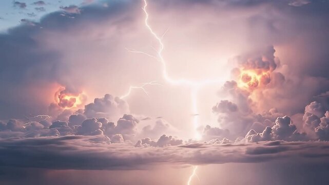 Experience the raw power of nature as dramatic thunderclouds dominate the sky, illuminated by spectacular flashes of lightning. This intense atmospheric phenomenon showcases vibrant orange, red, and p