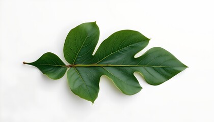 Obraz premium A single green leaf, its surface dotted with tiny droplets of water, isolated against a white background