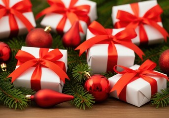 Christmas gifts with red ribbons, ornaments, and fir branches.