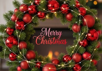 Merry christmas text on festive wreath with red baubles