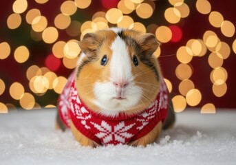 Cute guinea pig in red sweater surrounded by winter lights.