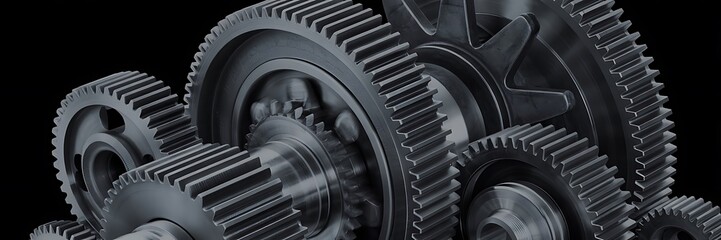 Interlocking Metal Gears Mechanism on Black Background