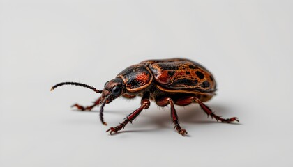 Fototapeta premium A close up of an insect with a patterned body, predominantly orange with darker markings. It stands out against a neutral background that appears to be a light surface