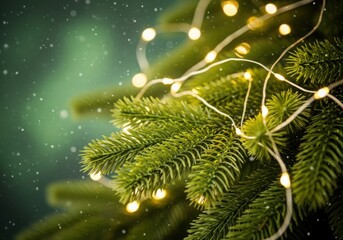 Festive christmas tree branches with warm lights and snow