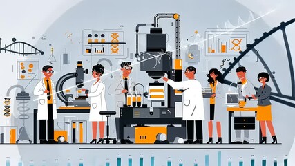 Scientists collaborating in a modern laboratory, conducting experiments with advanced equipment and charts