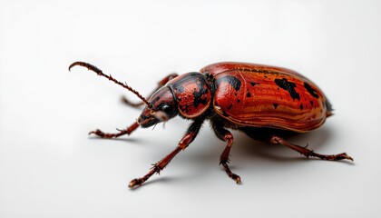 Fototapeta premium An insect with a vibrant red and black exoskeleton resting on its back. It's placed against a stark white background, allowing for easy observation of its intricate design and the detailed antennae