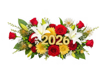Floral arrangement with 2026 date isolated on transparent background