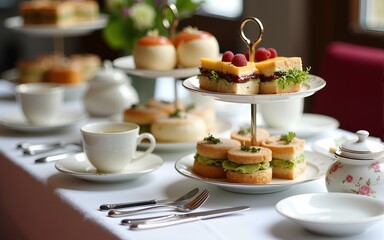An exquisitely arranged afternoon tea set on a table featuring sandwiches and pastries, paired with fine china and elegant presentations, perfect for social gatherings and celebrations. High quality