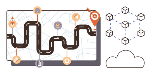 Curved roadmap with milestones thumbs up trophies, graphs, and gear towards target. Blockchain cubes and cloud illustrate goals, strategy, progress. Ideal for tech, success, planning goals