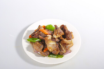 Stir-Fried Pork Ribs with Bell Peppers - Asian Cuisine Dish on White Plate
