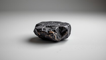 A large piece of dark, cracked rock with some metallic inclusions, prominently positioned in front of a plain background, creating a stark contrast.