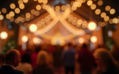 A warmly lit, festive atmosphere of a holiday party captured with a blurred effect for a bokeh background. High quality