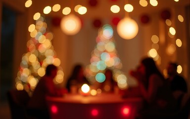 A warmly lit, festive atmosphere of a holiday party captured with a blurred effect for a bokeh background. High quality