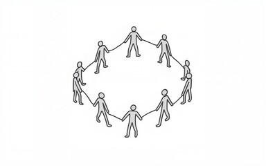 Stylized continuous line drawing illustration of connected human figures forming a unity circle, symbolizing teamwork, community, and togetherness in a minimalist design. High quality