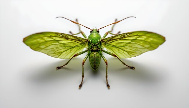 A green insect with black antennae against a stark white background.