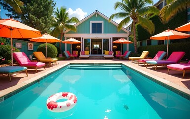 Vibrant poolside setting with colorful floats, lounge chairs, and festive decorations, capturing the essence of a fun-filled gathering on a sunny vacation day. High quality