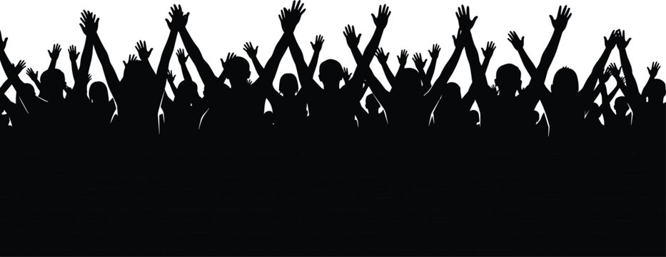 Cheering concert crowd silhouette with hands raised against white background, celebrating music festival, party, victory, or passionate audience event.