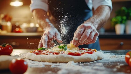 A chef's hands expertly sprinkle grated cheese and flour onto a fresh pizza dough with tomato sauce and basil in a rustic kitchen setting.