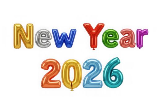 New year 2026 balloon text isolated on transparent background