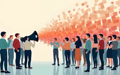 people crowd gathering in loudspeaker megaphone shape social media community announcement concept different occupation employees group standing together full length. High quality