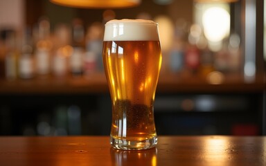 A glass of beer sits atop a bar, ready to be enjoyed. High quality