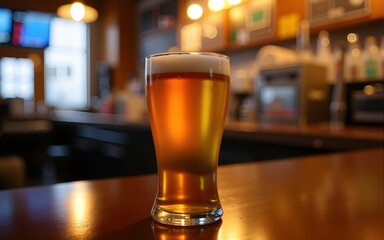 A glass of beer sits atop a bar, ready to be enjoyed. High quality