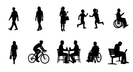 Fototapeta premium Silhouettes of diverse people engaged in various activities depicting everyday life scenarios