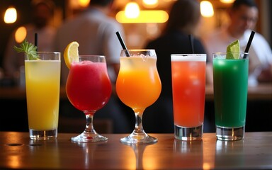 Colorful cocktails on a bar table with blurred people in background. High quality