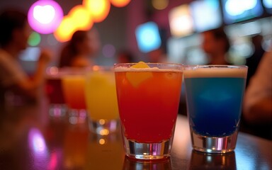 Colorful cocktails on a bar table with blurred people in background. High quality