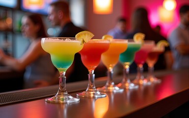 Colorful cocktails on a bar table with blurred people in background. High quality
