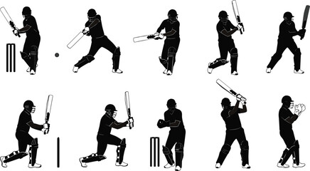 Obraz premium Cricket batsman silhouette vector illustration, sportsman with bat, wicket keeper, black white cricket action pose, professional athlete, isolated cricket scene collection