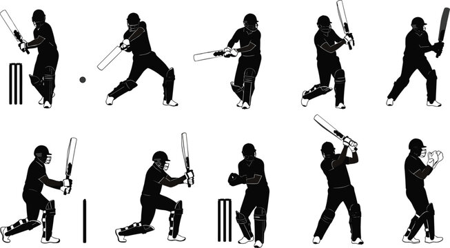 Cricket batsman silhouette vector illustration, sportsman with bat, wicket keeper, black white cricket action pose, professional athlete, isolated cricket scene collection - Powered by Adobe