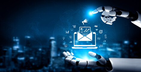 Obraz premium An AI assistant launches a digital marketing campaign from an intelligent platform. The system sends targeted emails containing analytics to drive advertising and e-commerce growth. Fermion