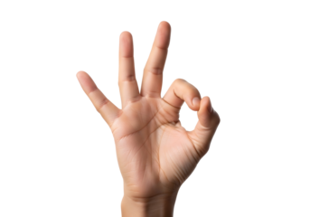 Right Hand Showing Okay Gesture with Thumb and Index Finger Forming Circle Other Fingers Extended Against Black Background in Studio Lighting