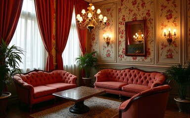 Cozy vintage lounge with floral wallpaper, plush seating, chandeliers, and a chic atmosphere, perfect for relaxation and social gatherings. High quality