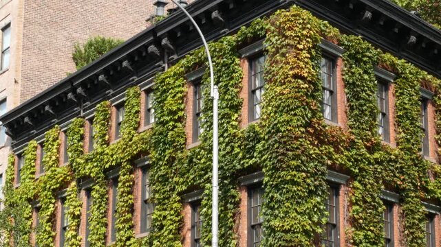 New York City urban residential buildings architecture, Lower Manhattan West village Greenwich street corner, United States of America. Greenwich village, USA. Red brick house. Vine greenery on wall.
