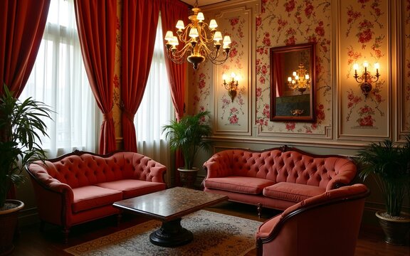 Cozy vintage lounge with floral wallpaper, plush seating, chandeliers, and a chic atmosphere, perfect for relaxation and social gatherings. High quality